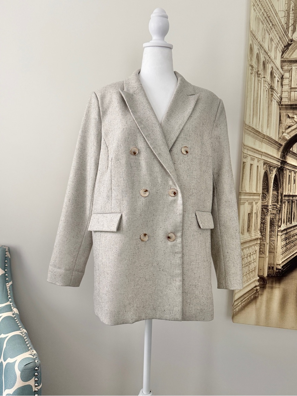 Preloved Women's Double-Breasted Cream Blazer Jacket